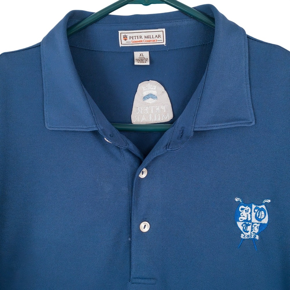Peter Millar Polo Shirt Mens XL Blue Summer Comfort RDTI 2010 Crest Polyester